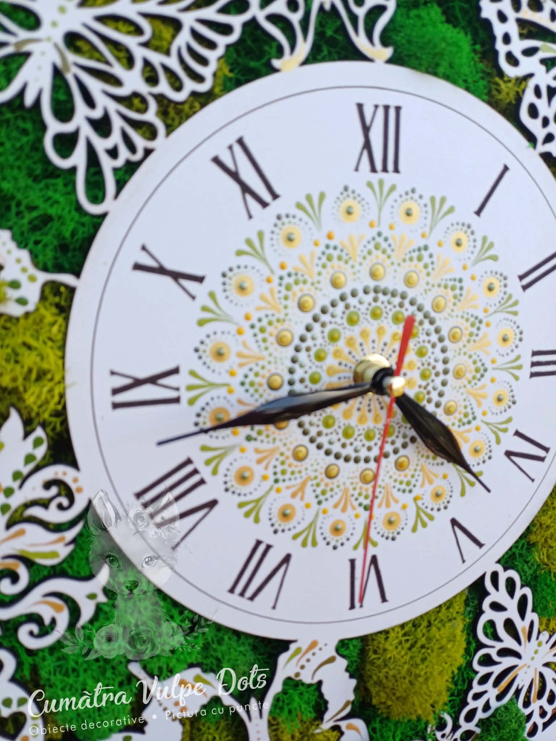 Ceas de perete cu licheni stabilizati și pictură cu techica punctului 40 cm - casă & stil de viață - decorațiuni de casă - decorațiuni de pereți - decorațiuni cu licheni - Artynos.ro