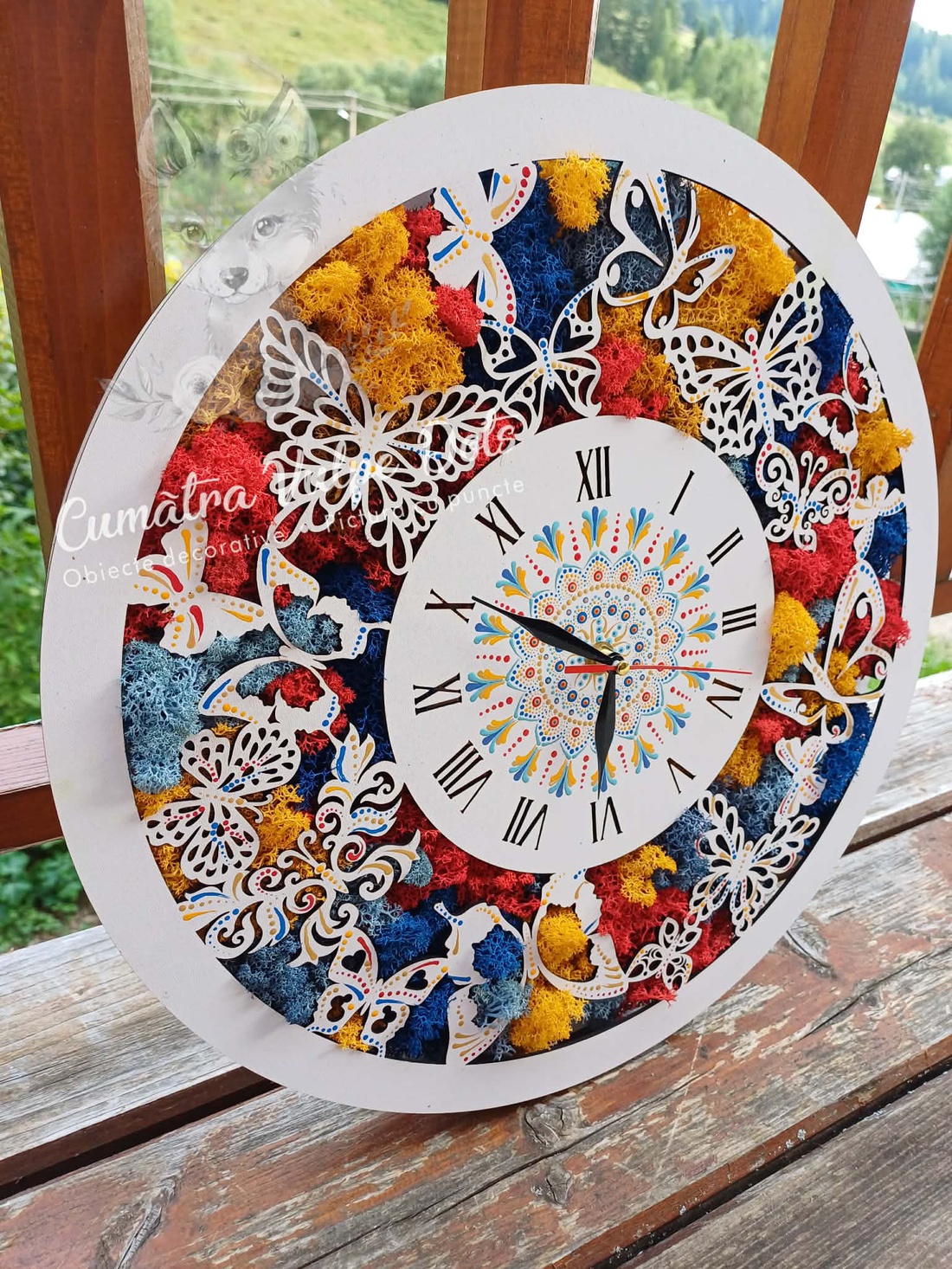 Ceas de perete cu licheni stabilizati și pictură cu techica punctului 40 cm - casă & stil de viață - decorațiuni de casă - decorațiuni de pereți - decorațiuni cu licheni - Artynos.ro