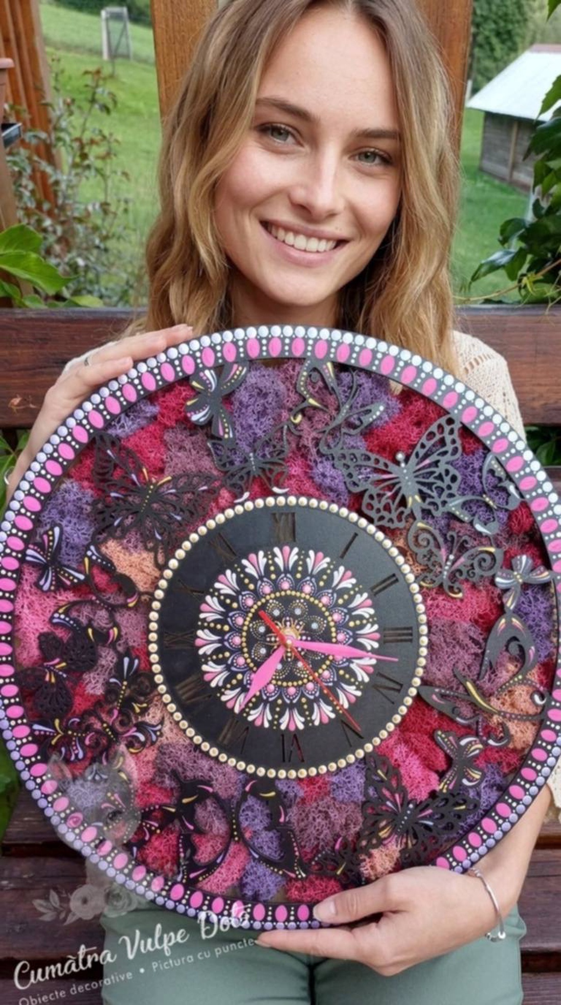 Ceas de perete cu licheni stabilizati și pictură cu techica punctului 40 cm - casă & stil de viață - decorațiuni de casă - decorațiuni de pereți - decorațiuni cu licheni - Artynos.ro