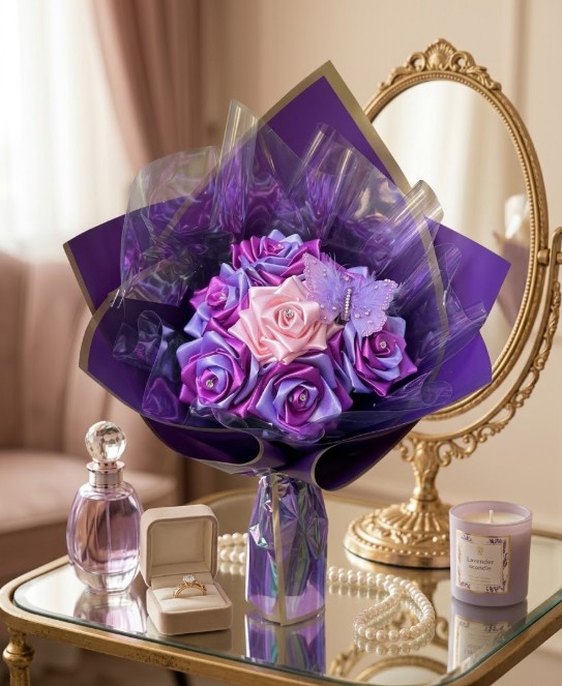 Buchet Artizanal de Flori din Panglică de Satin, Model Royal Purple, Decorat cu Perle și Fluture, 7 Trandafiri Lucrați M - casă & stil de viață - decorațiuni de casă - accesorii florale - buchete de flori - Artynos.ro