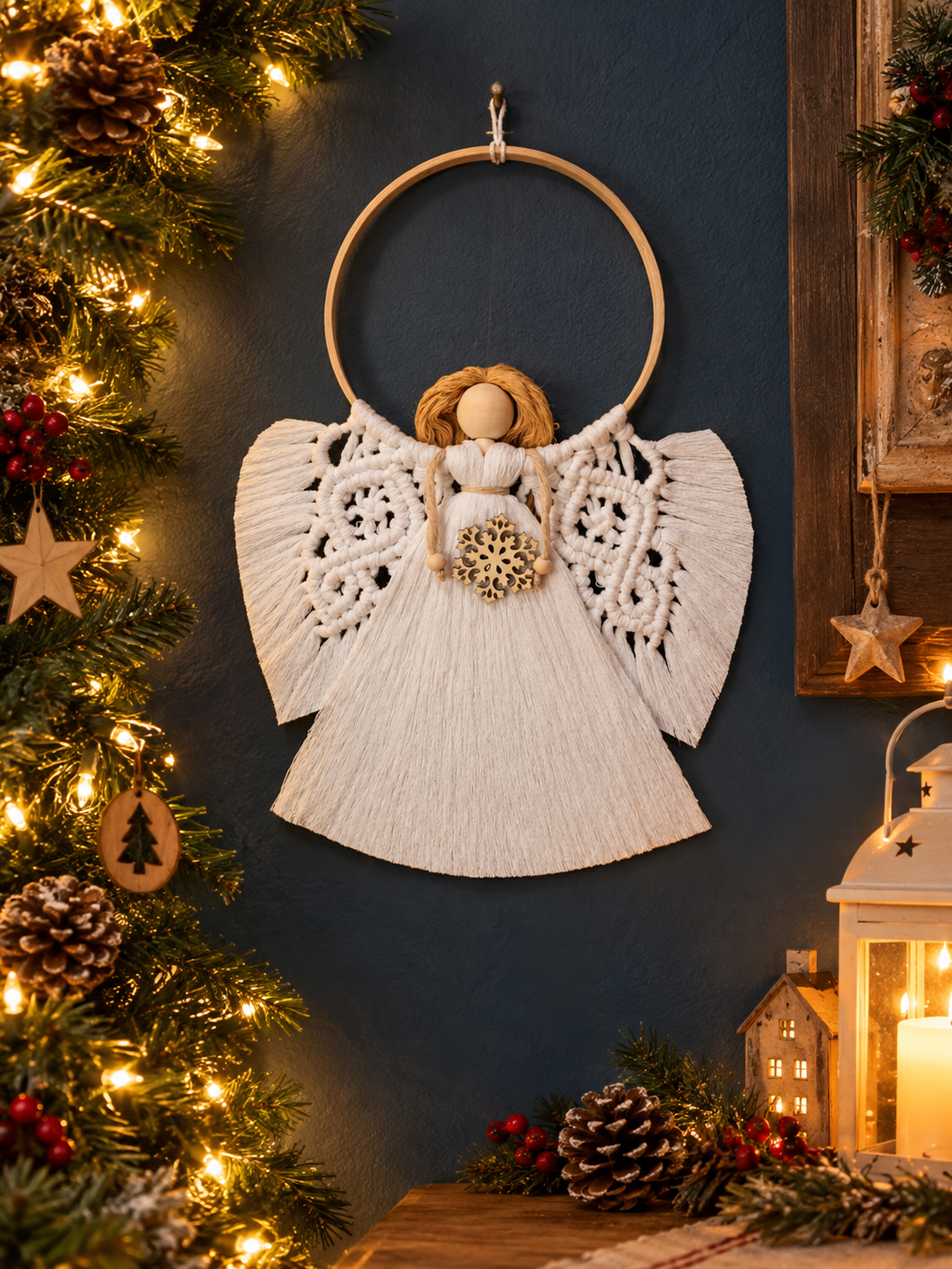 Îngeraș Macrame de Crăciun Handmade � Decorațiune Albă pe Cerc de Bambus cu Fulg de Nea din Lemn, Cadou de Crăciun - crăciun - decorațiuni de crăciun de casă - decorațiuni pentru ușă de crăciun - Artynos.ro