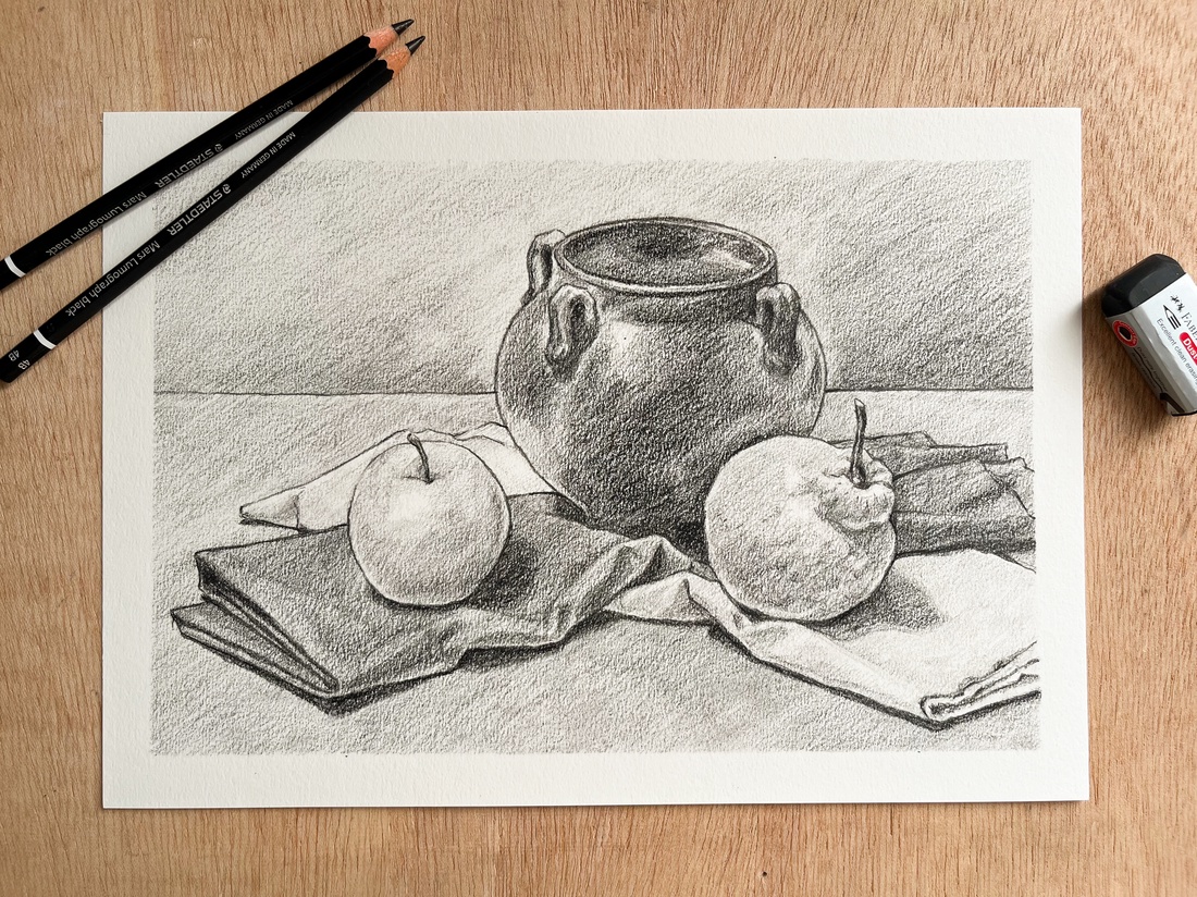 Ulcior cu măr și gutuie, desen în creion - arte vizuale și accesorii  - grafică, ilustrație - desen în creion - Artynos.ro
