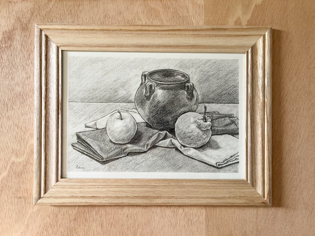 Ulcior cu măr și gutuie, desen în creion - arte vizuale și accesorii  - grafică, ilustrație - desen în creion - Artynos.ro