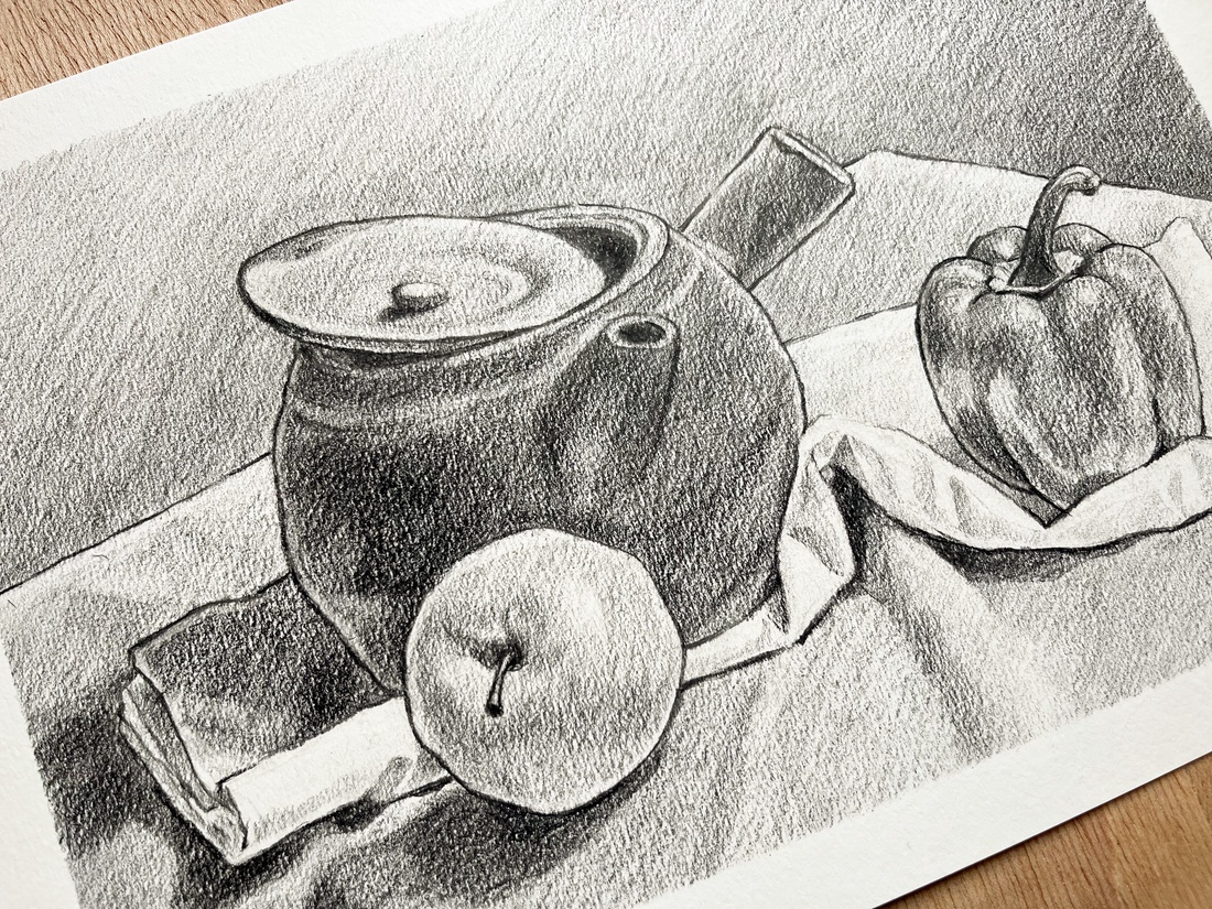 Desen în creion - ibric cu măr și ardei - arte vizuale și accesorii  - grafică, ilustrație - desen în creion - Artynos.ro