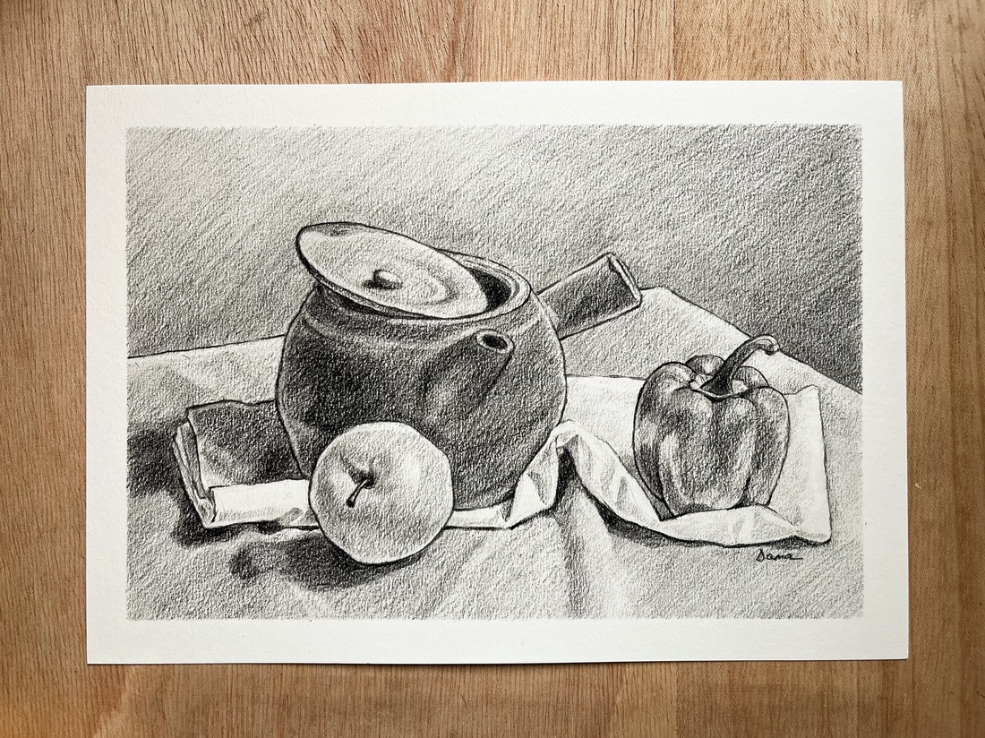 Desen în creion - ibric cu măr și ardei - arte vizuale și accesorii  - grafică, ilustrație - desen în creion - Artynos.ro