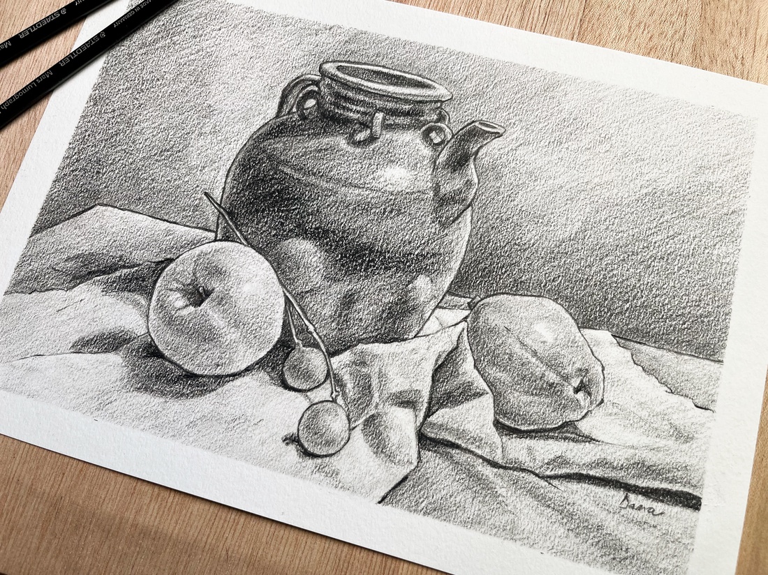 Desen în creion - ulcior cu măr și pară - arte vizuale și accesorii  - grafică, ilustrație - desen în creion - Artynos.ro