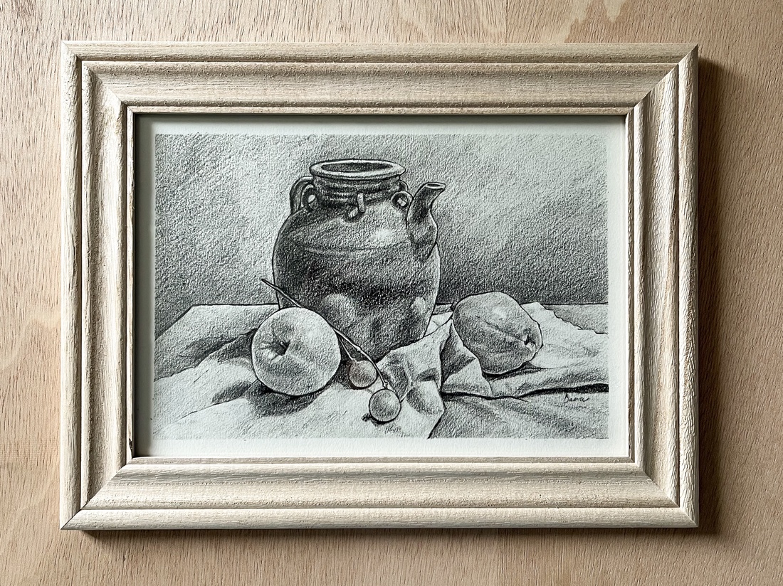 Desen în creion - ulcior cu măr și pară - arte vizuale și accesorii  - grafică, ilustrație - desen în creion - Artynos.ro