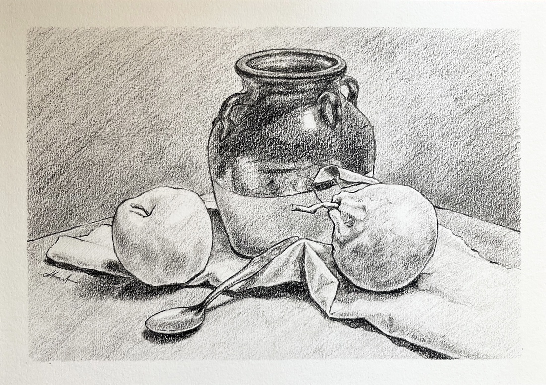 Desen în creion - ulcior cu măr și portocală - arte vizuale și accesorii  - grafică, ilustrație - desen în creion - Artynos.ro