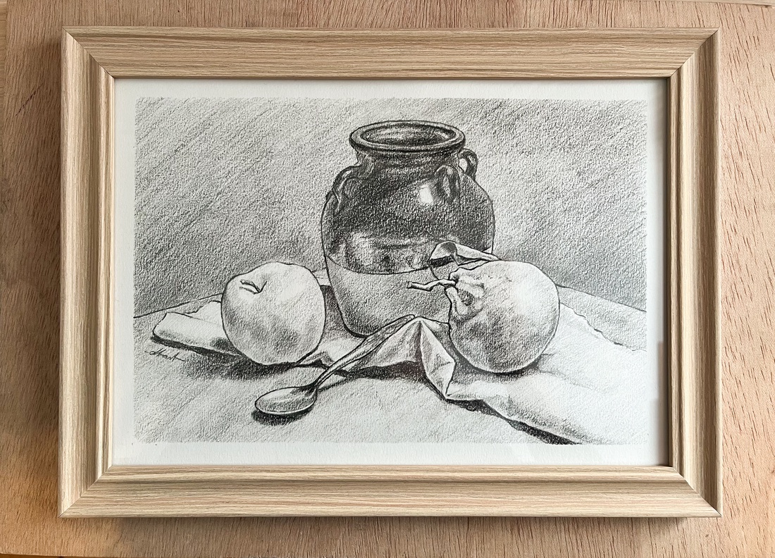 Desen în creion - ulcior cu măr și portocală - arte vizuale și accesorii  - grafică, ilustrație - desen în creion - Artynos.ro