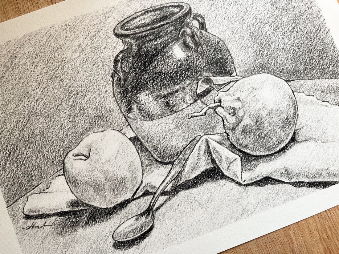 Desen în creion - ulcior cu măr și portocală - arte vizuale și accesorii  - grafică, ilustrație - desen în creion - Artynos.ro