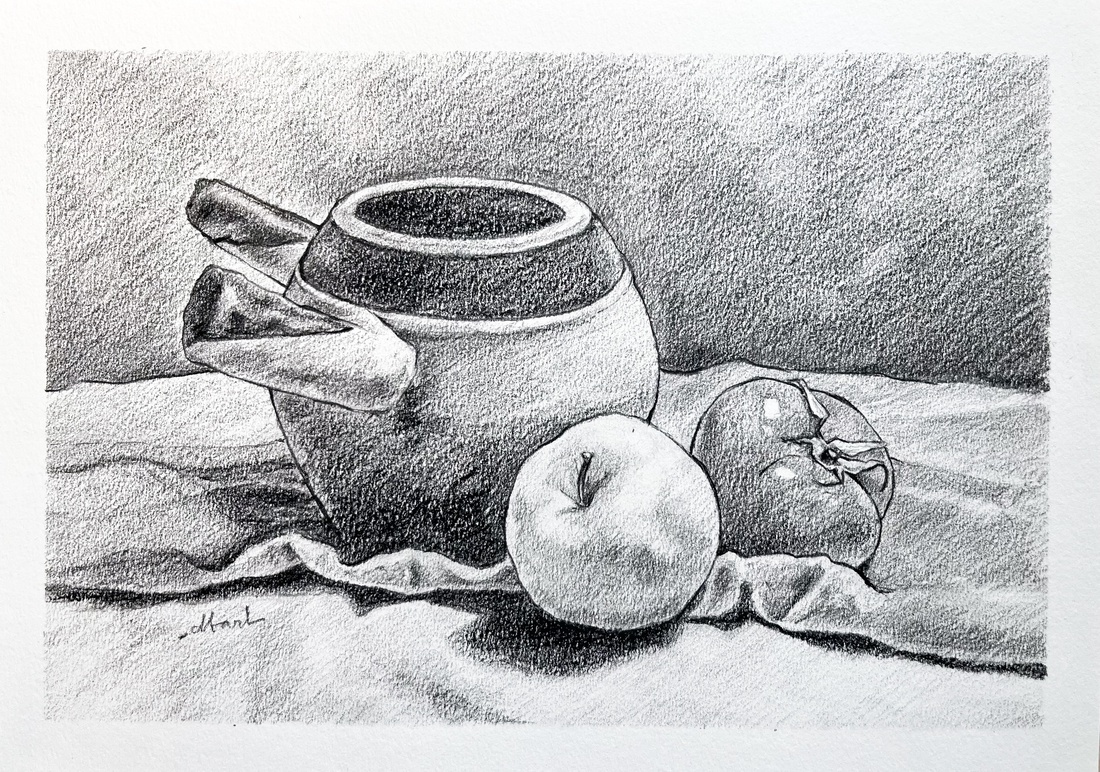 Desen în creion - ulcior cu măr și roșie  - arte vizuale și accesorii  - grafică, ilustrație - desen în creion - Artynos.ro