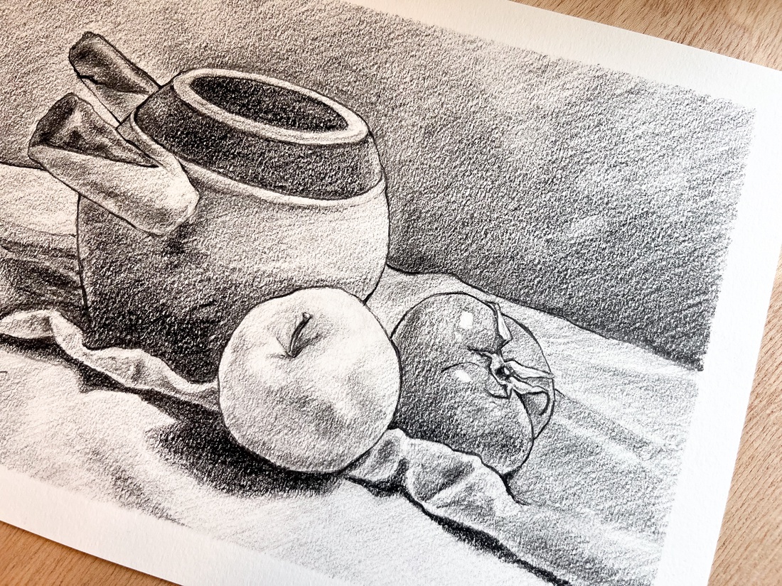 Desen în creion - ulcior cu măr și roșie  - arte vizuale și accesorii  - grafică, ilustrație - desen în creion - Artynos.ro