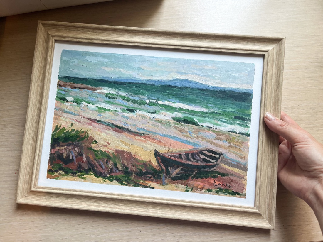 Pictură înrămată, peisaj cu barcă - arte vizuale și accesorii  - picturi - pictură acrilică - Artynos.ro