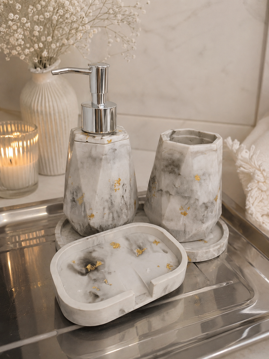 Set baie marmorat - casă & stil de viață - accesorii de baie - săpunieră - Artynos.ro