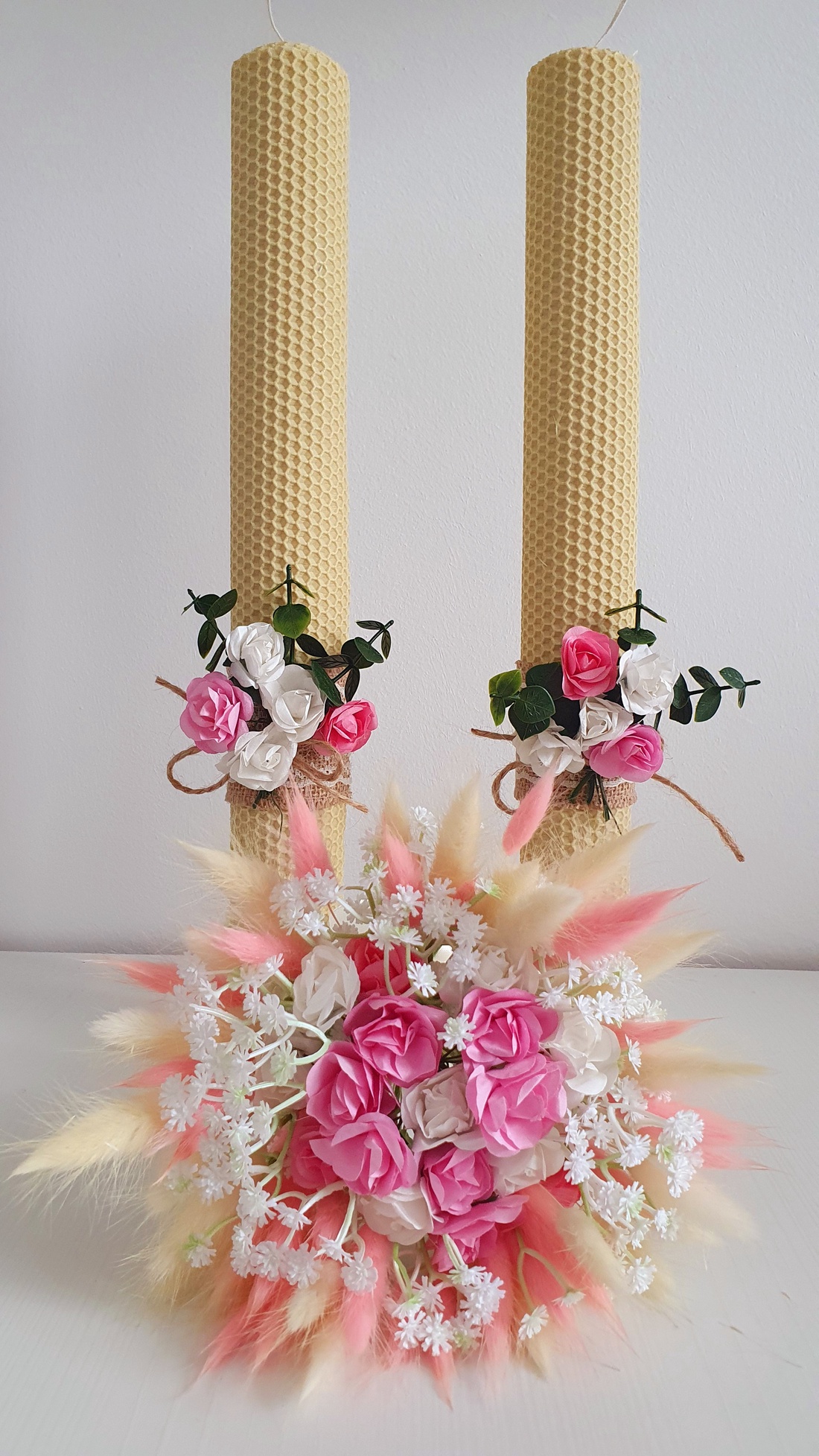 Set lumânări cununie, din ceară naturală de albine - accesorii nuntă - materiale decor pentru nuntă - lumânări de nuntă și suport lumânări - Artynos.ro