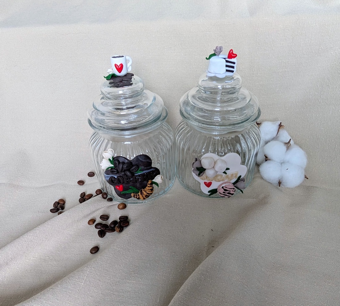Recipiente decorative unicat, decorate cu lut polimeric: cafea sau zahar  - casă & stil de viață - accesorii pentru echipamente de bucătărie - instrumente de depozitare pentru bucătărie - cutie ceai, cutie cafea - Artynos.ro