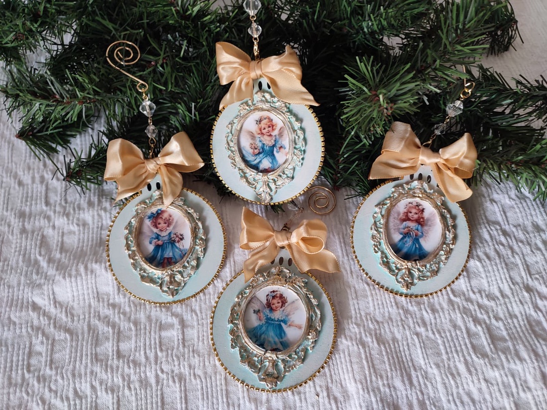 Set de 4 decoratiuni handmade Îngeri vintage în albastru și aur eleganță cerească pentru bradul tău - crăciun - decorațiuni de crăciun de casă - globuri de crăciun - Artynos.ro