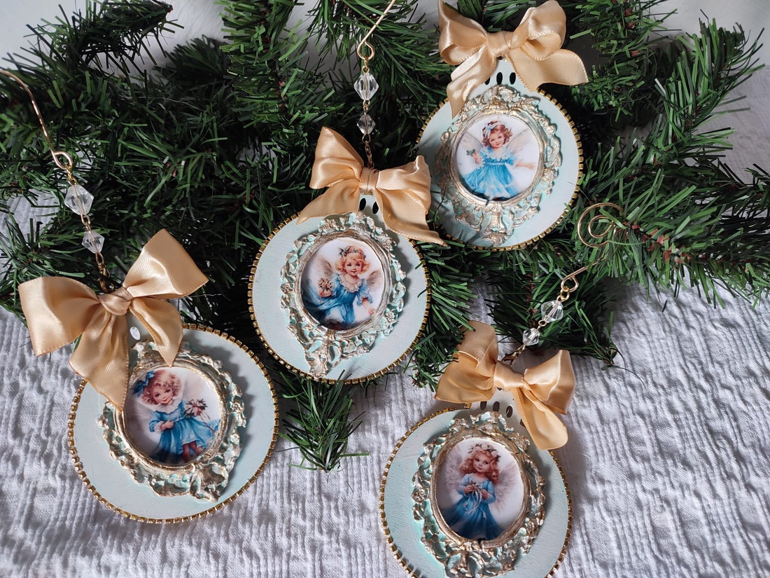 Set de 4 decoratiuni handmade Îngeri vintage în albastru și aur eleganță cerească pentru bradul tău - crăciun - decorațiuni de crăciun de casă - globuri de crăciun - Artynos.ro