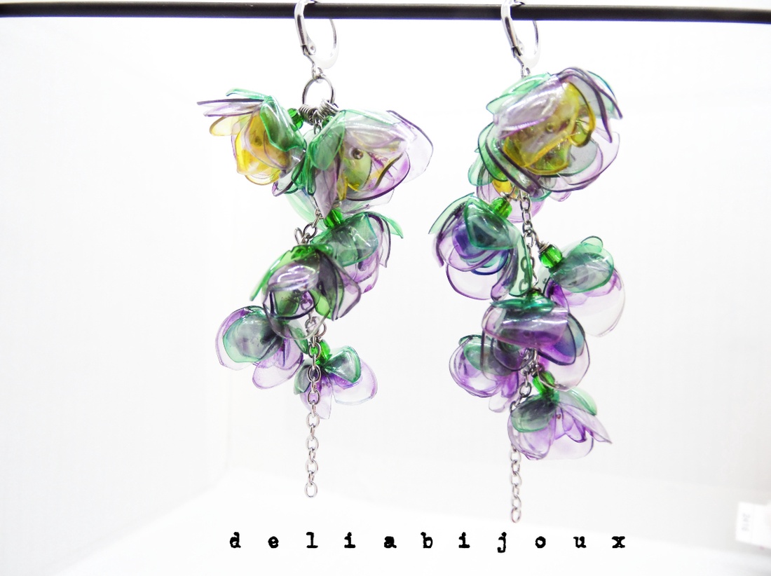 Cercei handmade din plastic reciclat model floral, colorați (cod1269) - bijuterii - cercei - cercei candelabru - Artynos.ro