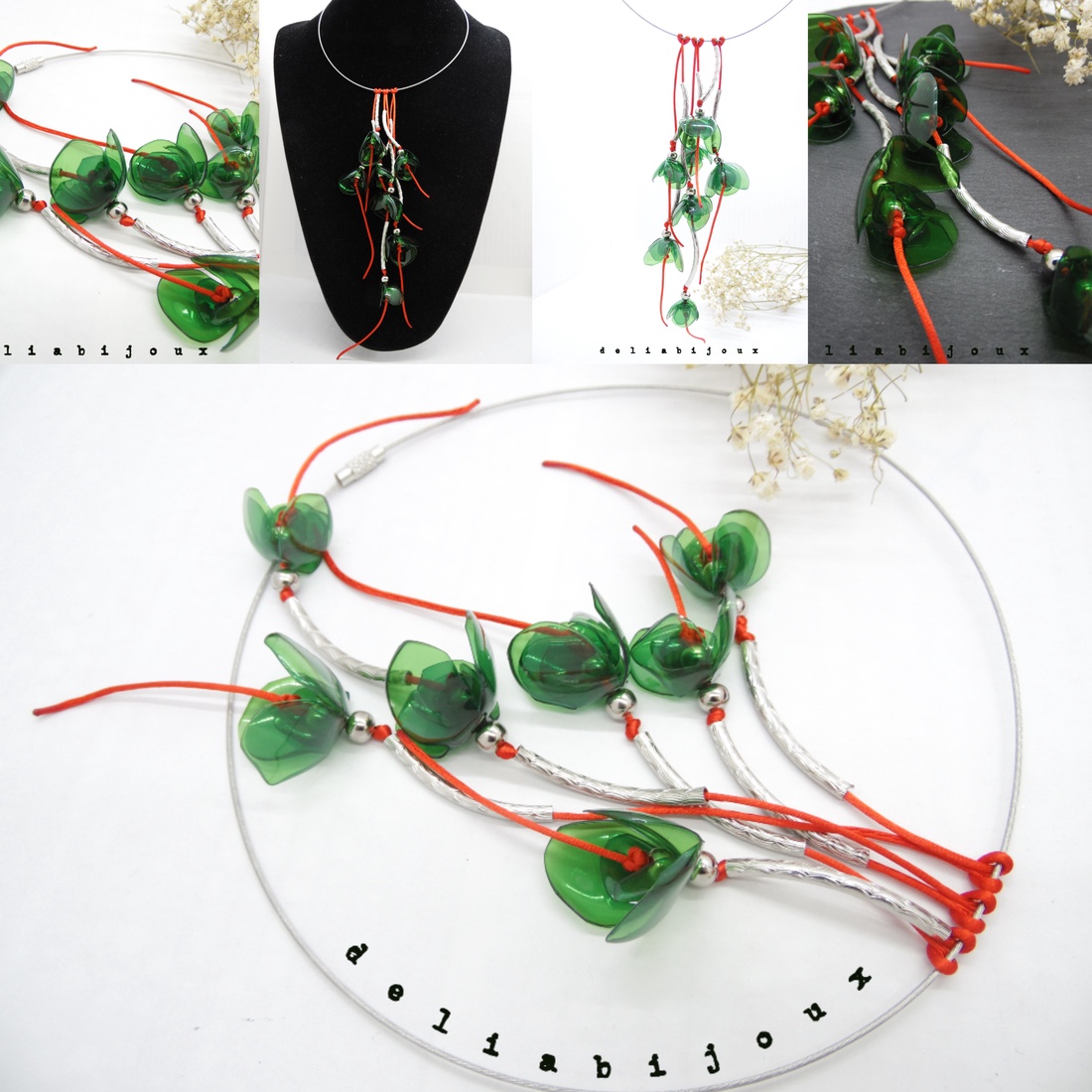 Colier statement handmade unicat - PET-uri (plastic) reciclate - flori (cod989) - bijuterii - coliere - coliere statement - Artynos.ro