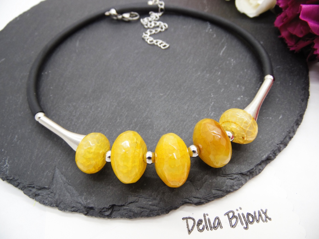 Colier statement handmade unicat agate galbene (cod1261) - bijuterii - coliere - coliere statement - Artynos.ro