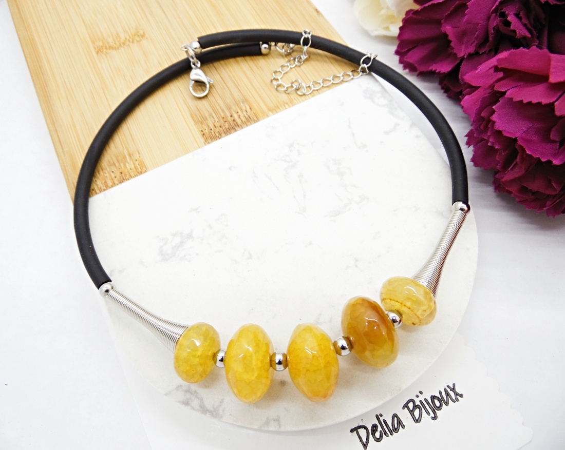 Colier statement handmade unicat agate galbene (cod1261) - bijuterii - coliere - coliere statement - Artynos.ro