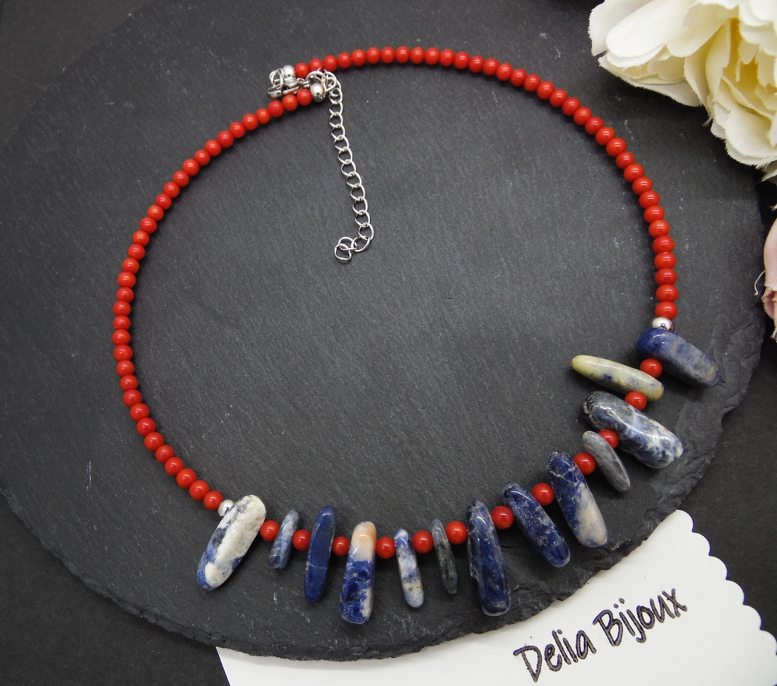 Colier statement handmade unicat - sodalit si coral (cod1253) - bijuterii - coliere - coliere statement - Artynos.ro