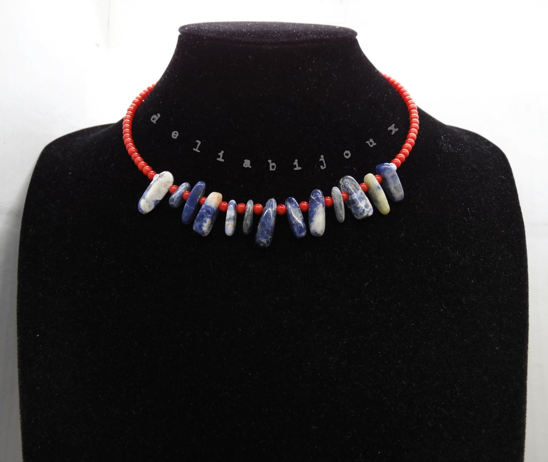 Colier statement handmade unicat - sodalit si coral (cod1253) - bijuterii - coliere - coliere statement - Artynos.ro