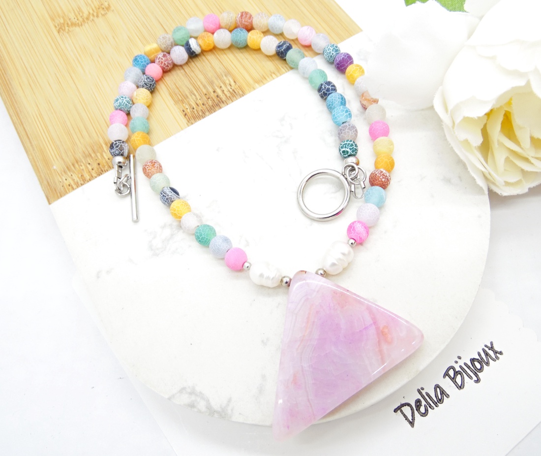 Colier handmade - agate frozen si perle cultura (cod1246) - bijuterii - coliere - coliere statement - Artynos.ro