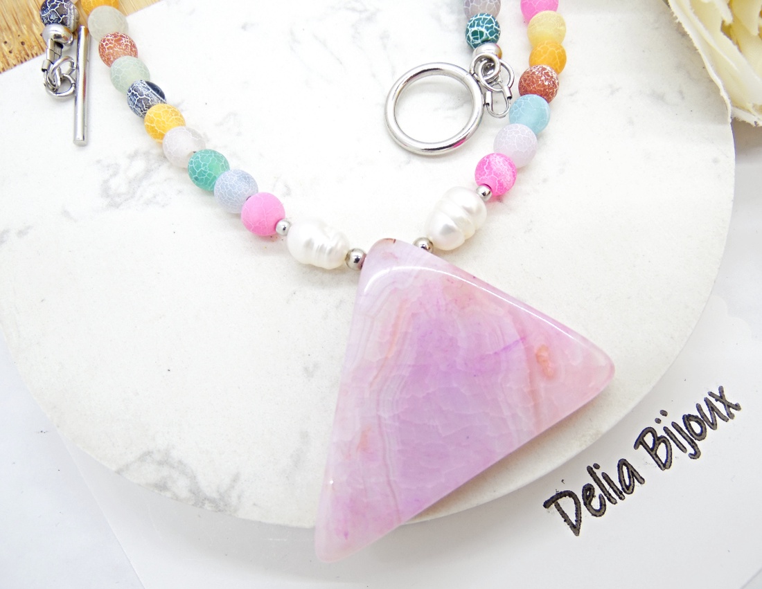 Colier handmade - agate frozen si perle cultura (cod1246) - bijuterii - coliere - coliere statement - Artynos.ro