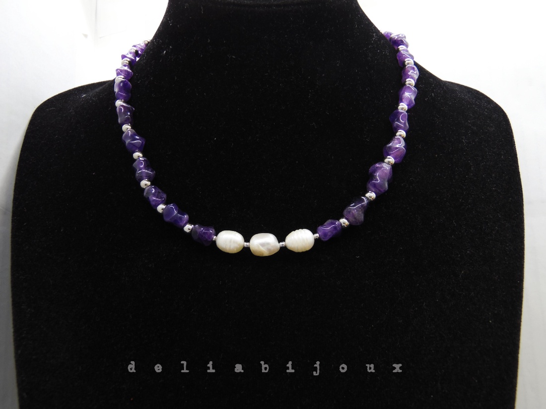 Colier handmade - ametist si perle cultura (cod1249) - bijuterii - coliere - coliere statement - Artynos.ro