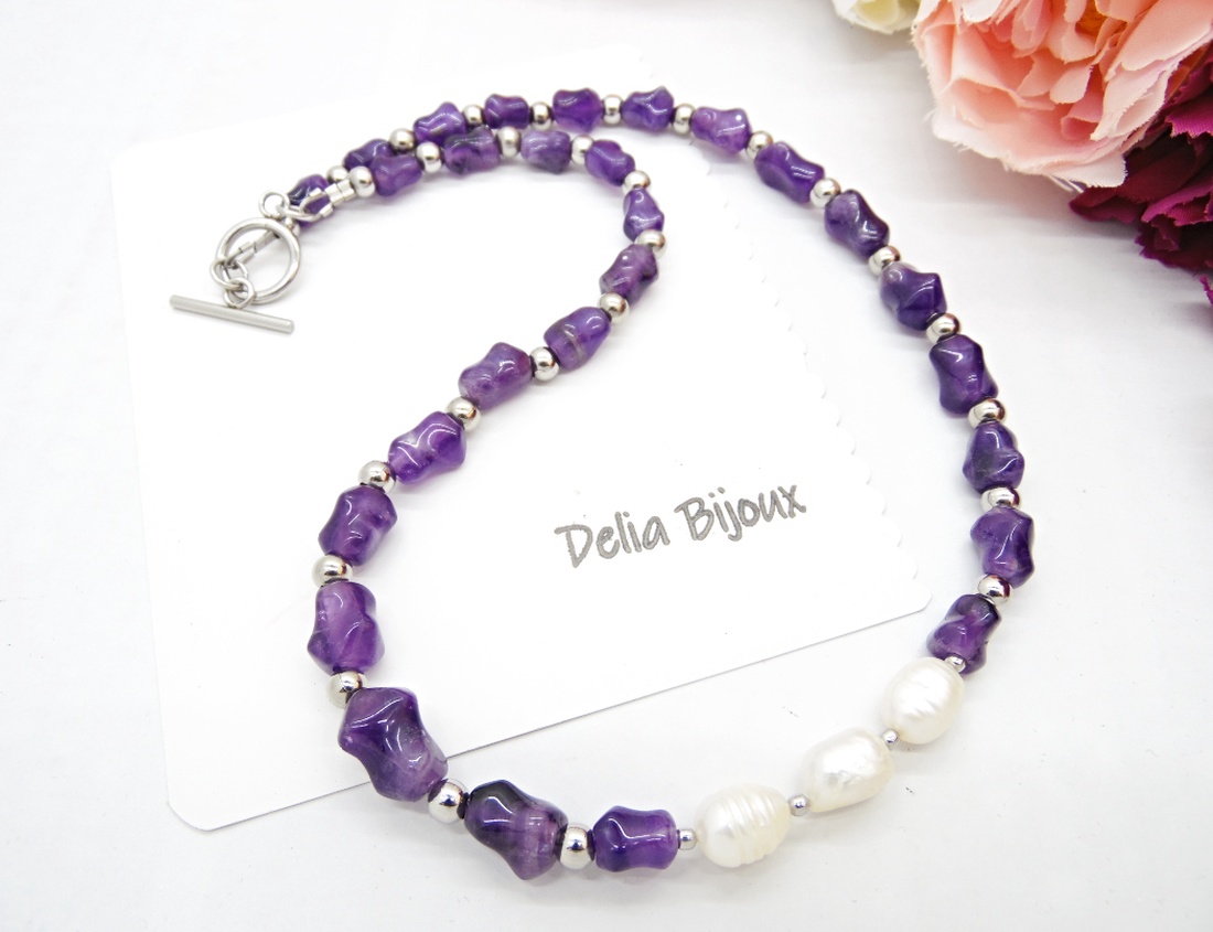 Colier handmade - ametist si perle cultura (cod1249) - bijuterii - coliere - coliere statement - Artynos.ro