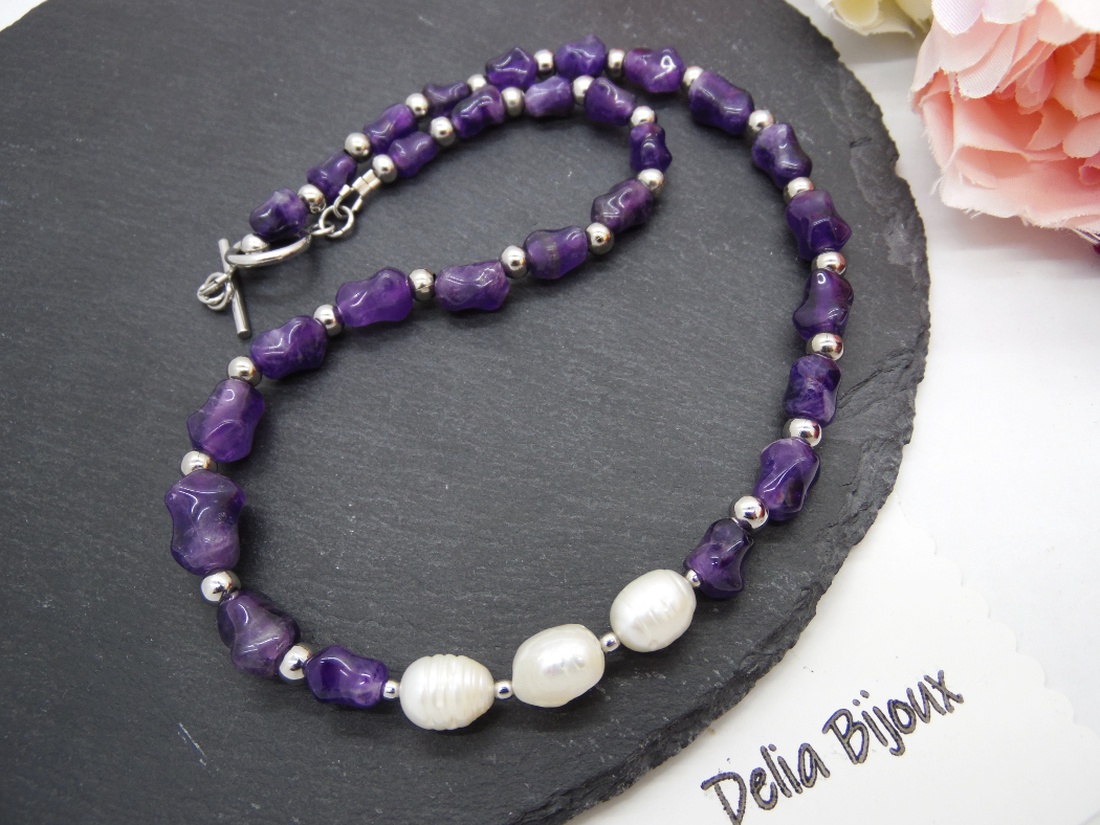 Colier handmade - ametist si perle cultura (cod1249) - bijuterii - coliere - coliere statement - Artynos.ro
