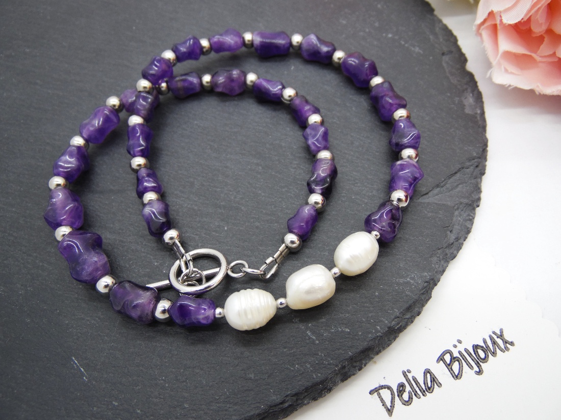 Colier handmade - ametist si perle cultura (cod1249) - bijuterii - coliere - coliere statement - Artynos.ro