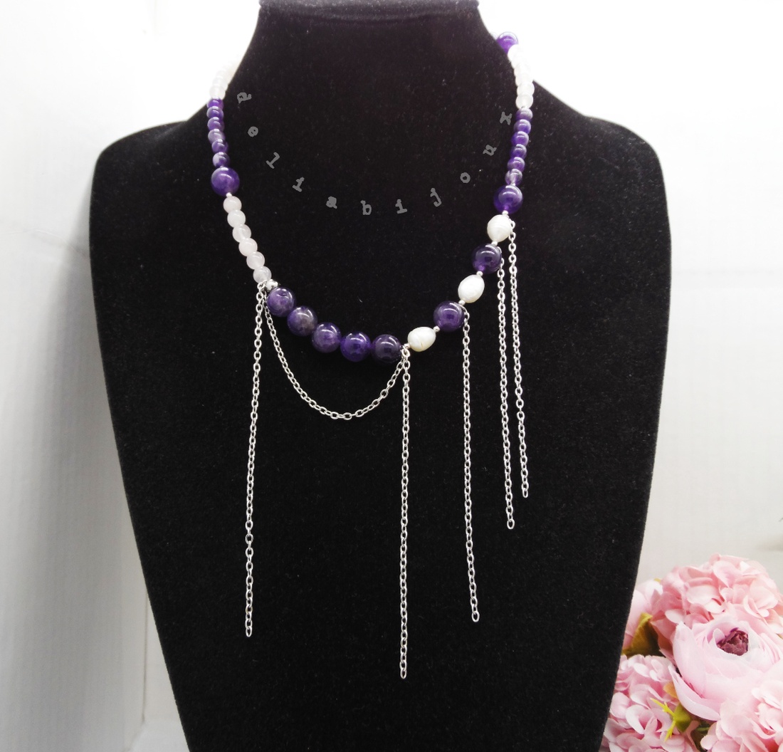 Colier handmade unicat - ametist, cuart si perle cultura (cod1194) - bijuterii - coliere - coliere statement - Artynos.ro