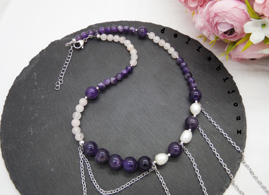 Colier handmade unicat - ametist, cuart si perle cultura (cod1194) - bijuterii - coliere - coliere statement - Artynos.ro