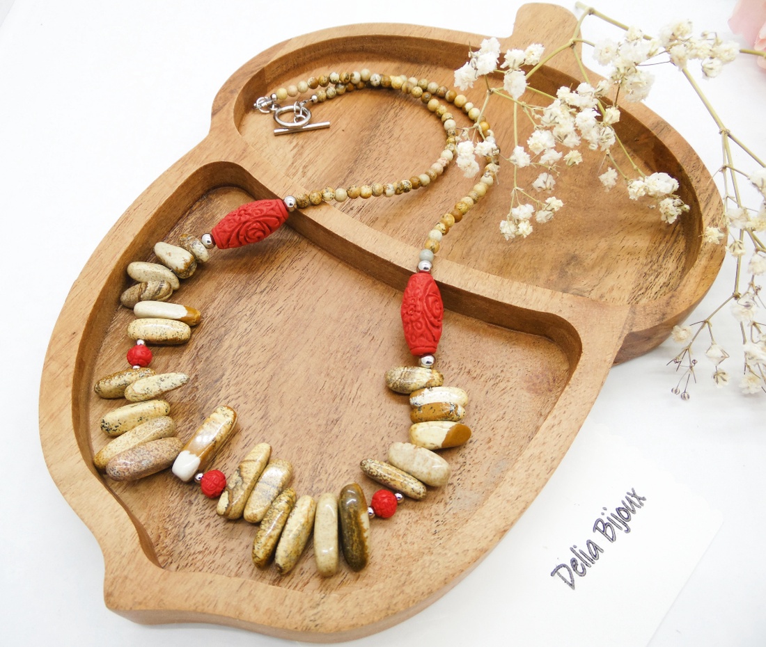 Colier statement handmade unicat - jasp si cinabru (cod1281) - bijuterii - coliere - coliere statement - Artynos.ro