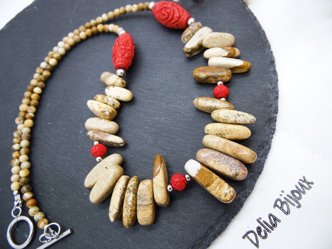 Colier statement handmade unicat - jasp si cinabru (cod1281) - bijuterii - coliere - coliere statement - Artynos.ro