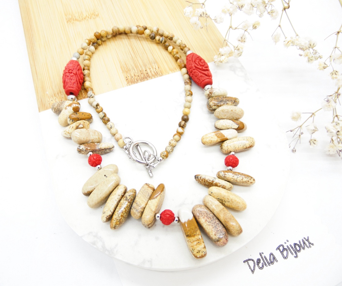 Colier statement handmade unicat - jasp si cinabru (cod1281) - bijuterii - coliere - coliere statement - Artynos.ro