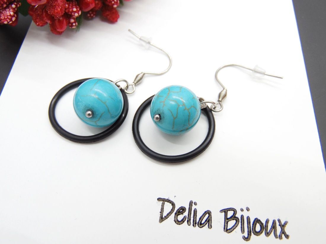 Cercei handmade statement - Stil Industrial - turcoaz si cauciuc (cod1153) - bijuterii - cercei - Artynos.ro