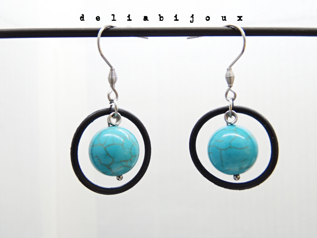 Cercei handmade statement - Stil Industrial - turcoaz si cauciuc (cod1153) - bijuterii - cercei - Artynos.ro