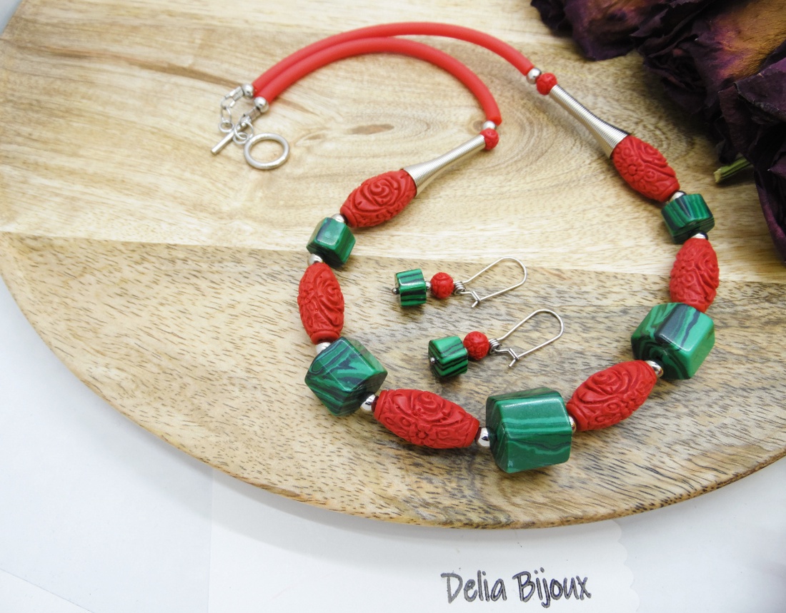 Set bijuterii handmade - malachit si cinabru (cod1215) - bijuterii - seturi de bijuterii - Artynos.ro Set bijuterii handmade - malachit si cinabru (cod1215) - bijuterii - seturi de bijuterii - Artynos.ro