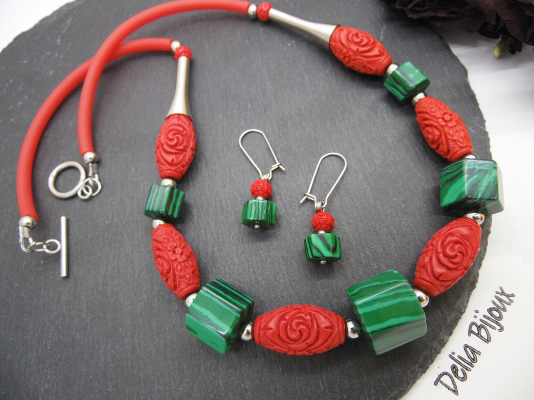 Set bijuterii handmade - malachit si cinabru (cod1215) - bijuterii - seturi de bijuterii - Artynos.ro Set bijuterii handmade - malachit si cinabru (cod1215) - bijuterii - seturi de bijuterii - Artynos.ro