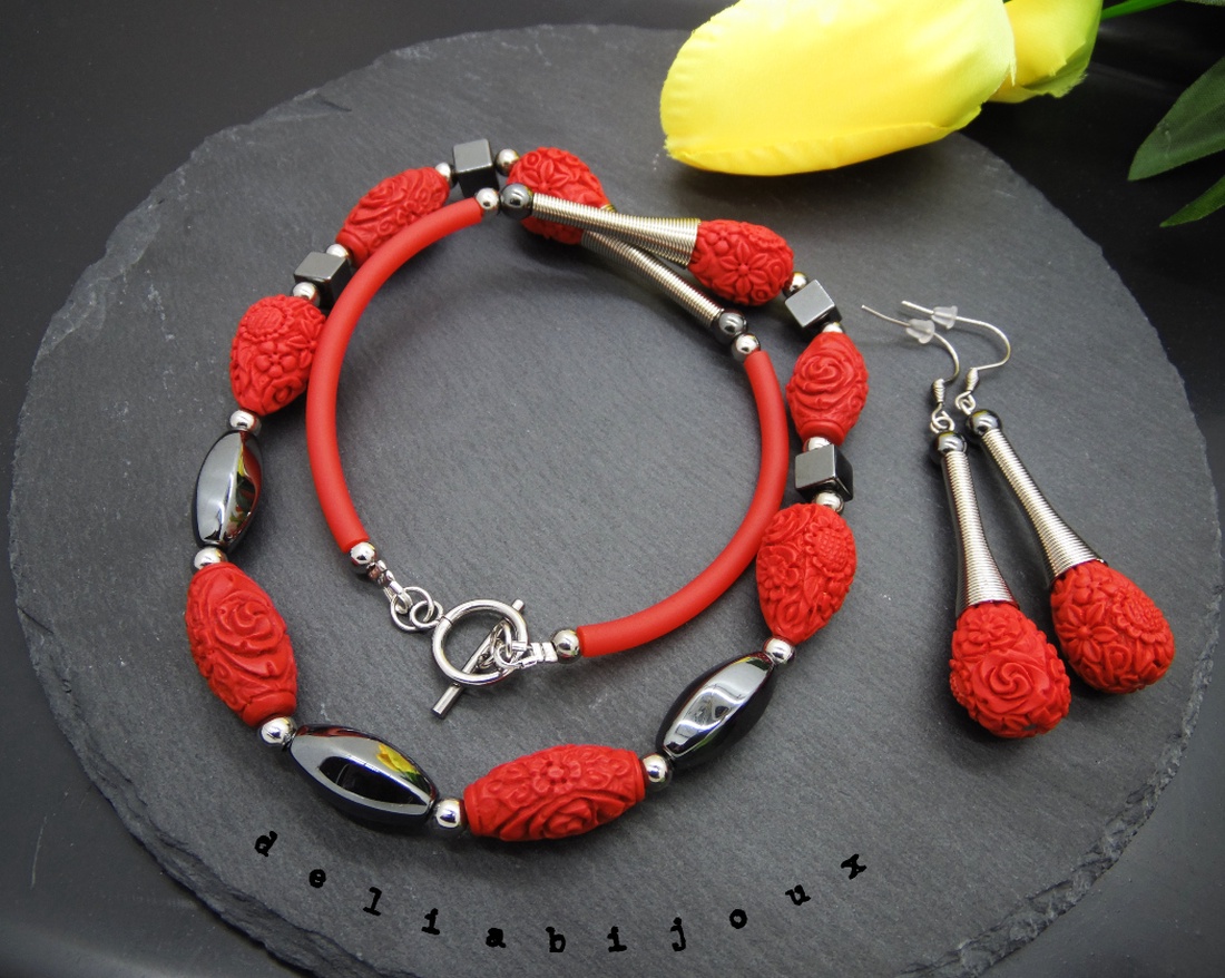 Set bijuterii handmade - hematit si cinabru (cod973) - bijuterii - seturi de bijuterii - Artynos.ro