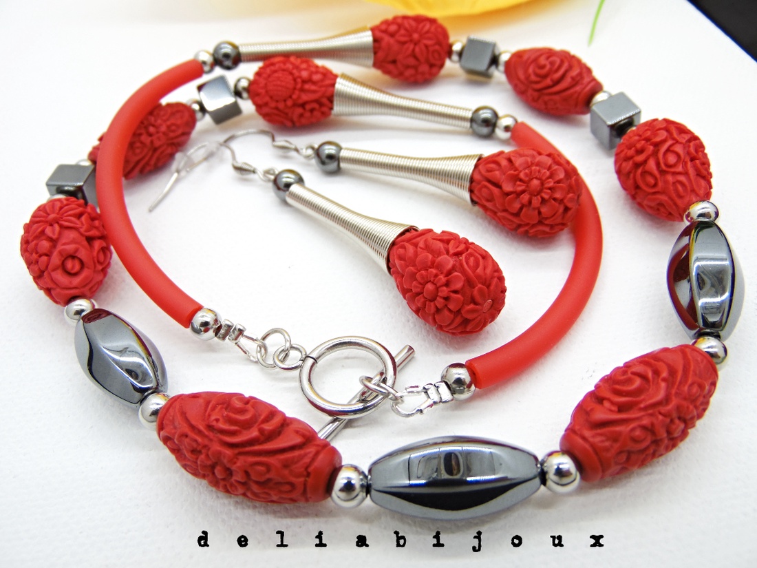 Set bijuterii handmade - hematit si cinabru (cod973) - bijuterii - seturi de bijuterii - Artynos.ro