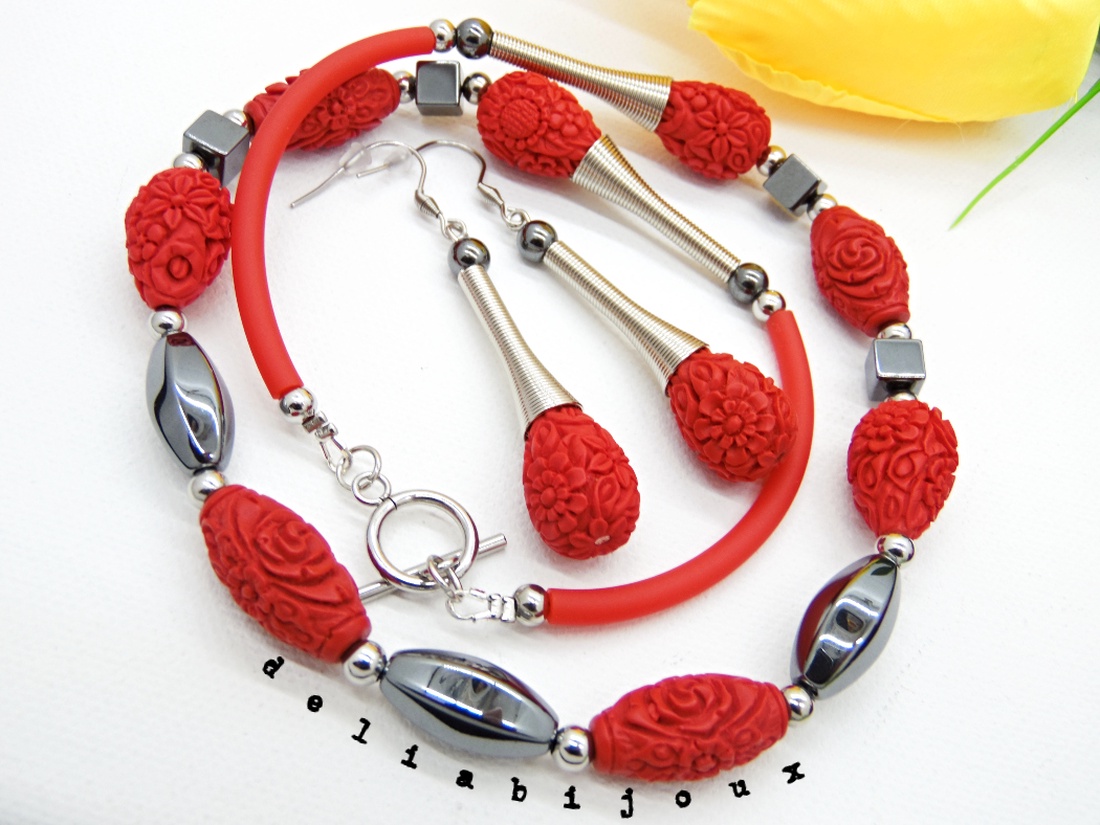 Set bijuterii handmade - hematit si cinabru (cod973) - bijuterii - seturi de bijuterii - Artynos.ro