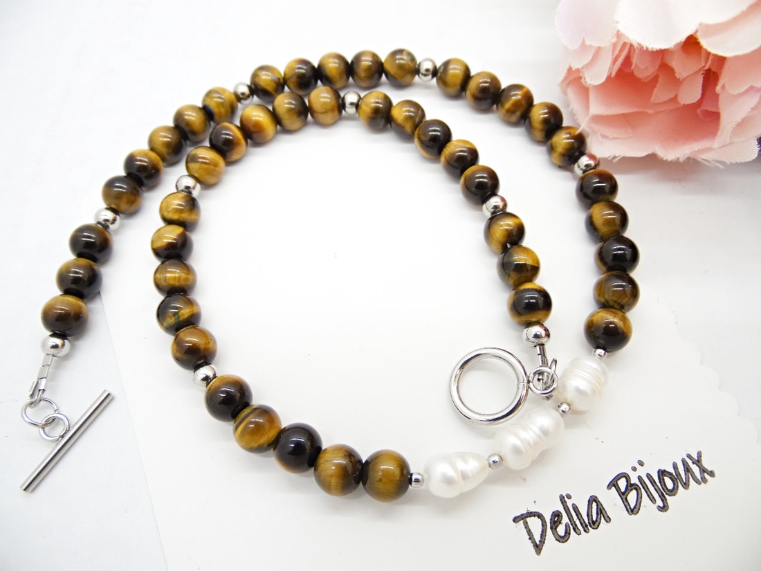 Colier handmade - ochi de tigru si perle cultura (cod1248) - bijuterii - coliere - coliere statement - Artynos.ro