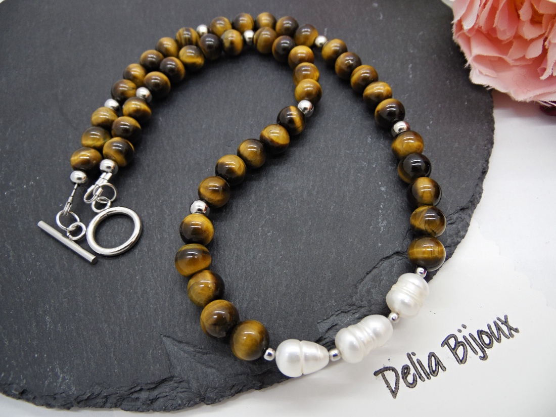 Colier handmade - ochi de tigru si perle cultura (cod1248) - bijuterii - coliere - coliere statement - Artynos.ro