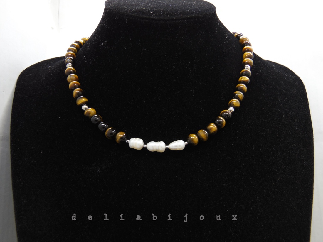 Colier handmade - ochi de tigru si perle cultura (cod1248) - bijuterii - coliere - coliere statement - Artynos.ro