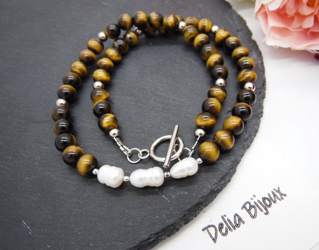 Colier handmade - ochi de tigru si perle cultura (cod1248) - bijuterii - coliere - coliere statement - Artynos.ro